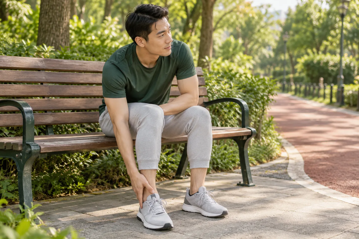 運動後坐在公園長椅，留意腳踝情況的成人，AI 示意圖